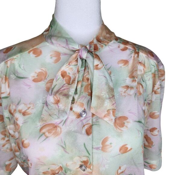 Vintage 80s Pussy Bow Blouse Sheer Top Womens Size M Green Pink Floral Tulips - Picture 1 of 6